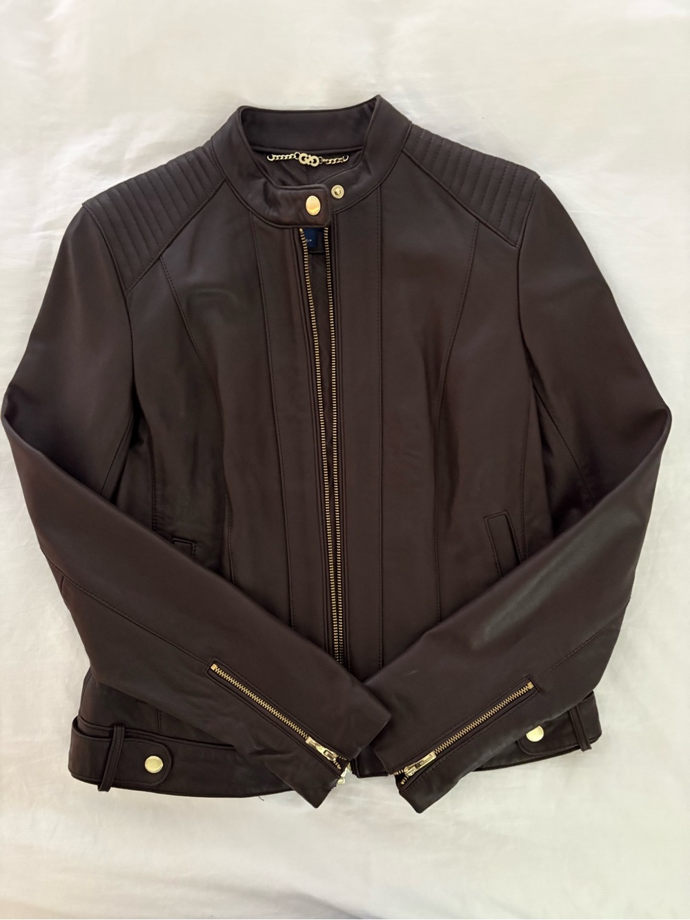 Cole Haan Chocolate Brown Leather Moto Jacket with Gold Hardware